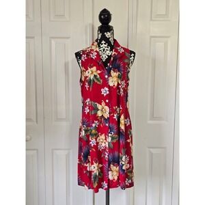 Impressions Workshop Womens Red Blue Floral Print Button Up Dress Size L‎